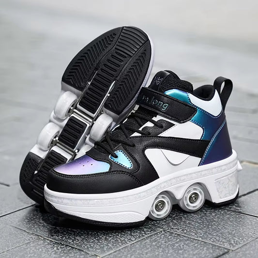 Women'S High Top 4 Wheel Speed Roller Shoes Unisex Automatic Pop-Up Sneakers with Wheels Dual-Purpose Skating Casual Shoes