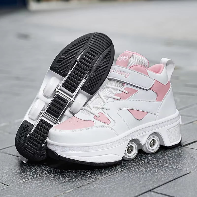 Women'S High Top 4 Wheel Speed Roller Shoes Unisex Automatic Pop-Up Sneakers with Wheels Dual-Purpose Skating Casual Shoes